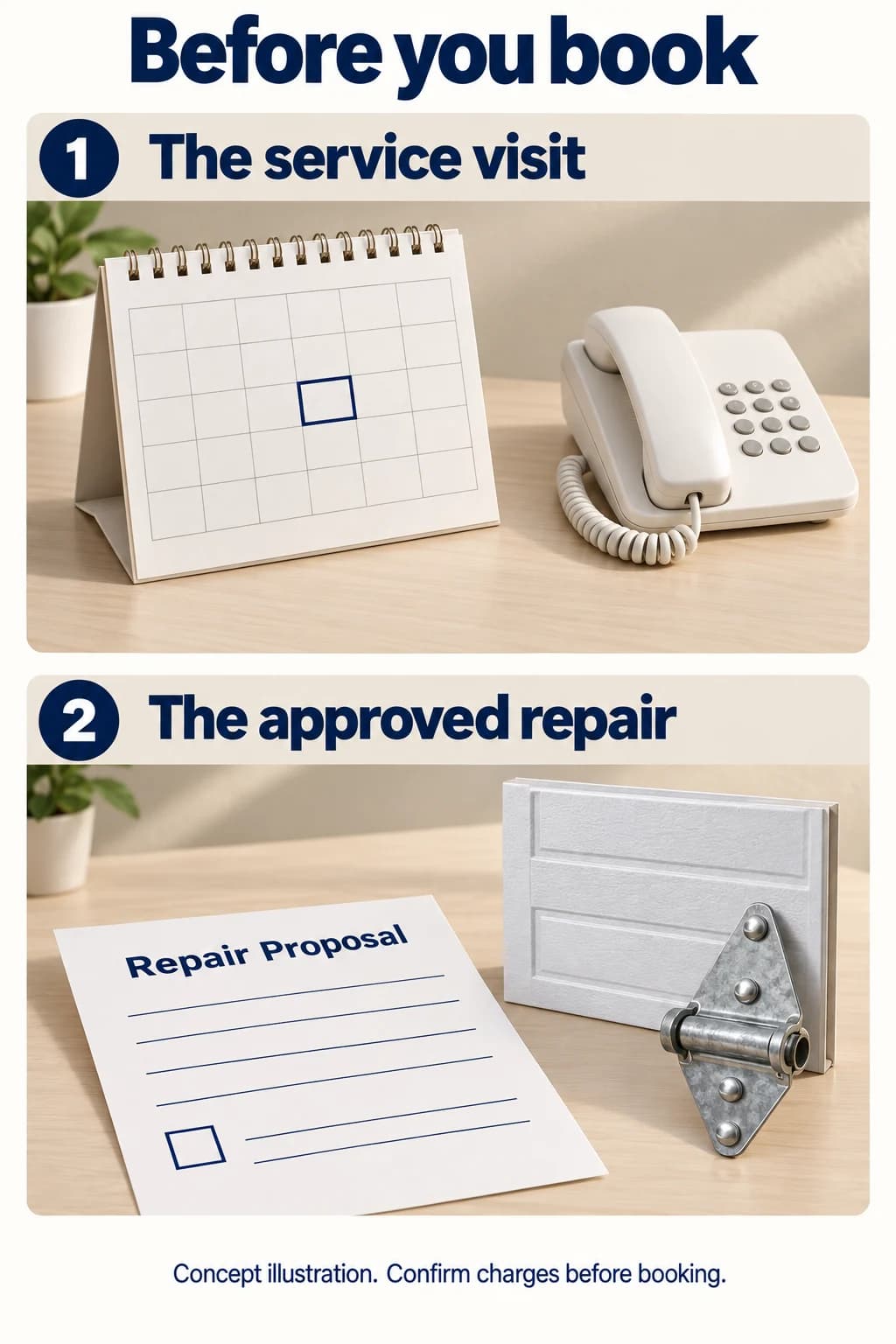 Concept illustration of a calendar and phone for a service visit, followed by a repair proposal beside a garage door sample.