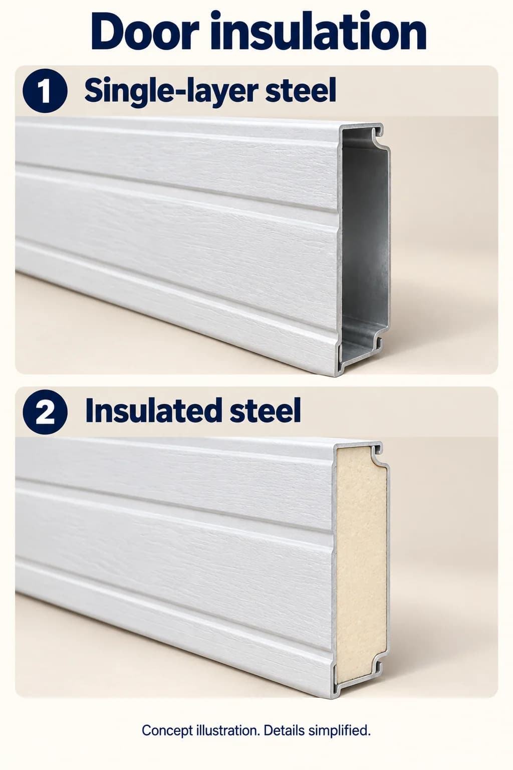 Illustrated comparison of a plain section and layered insulated construction.