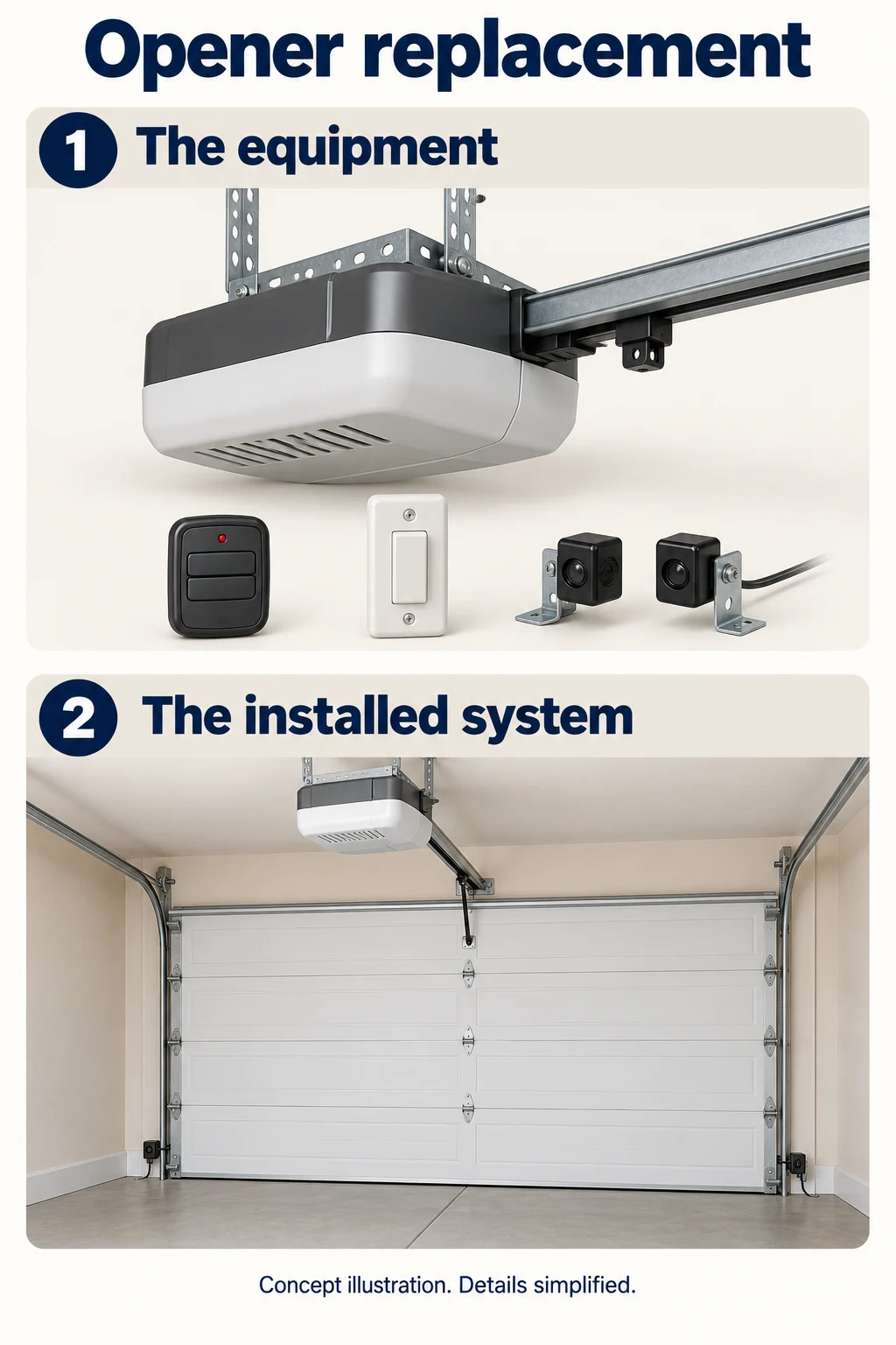 Two-panel illustration of a generic opener with controls and sensors, followed by its simplified installation above a garage door.