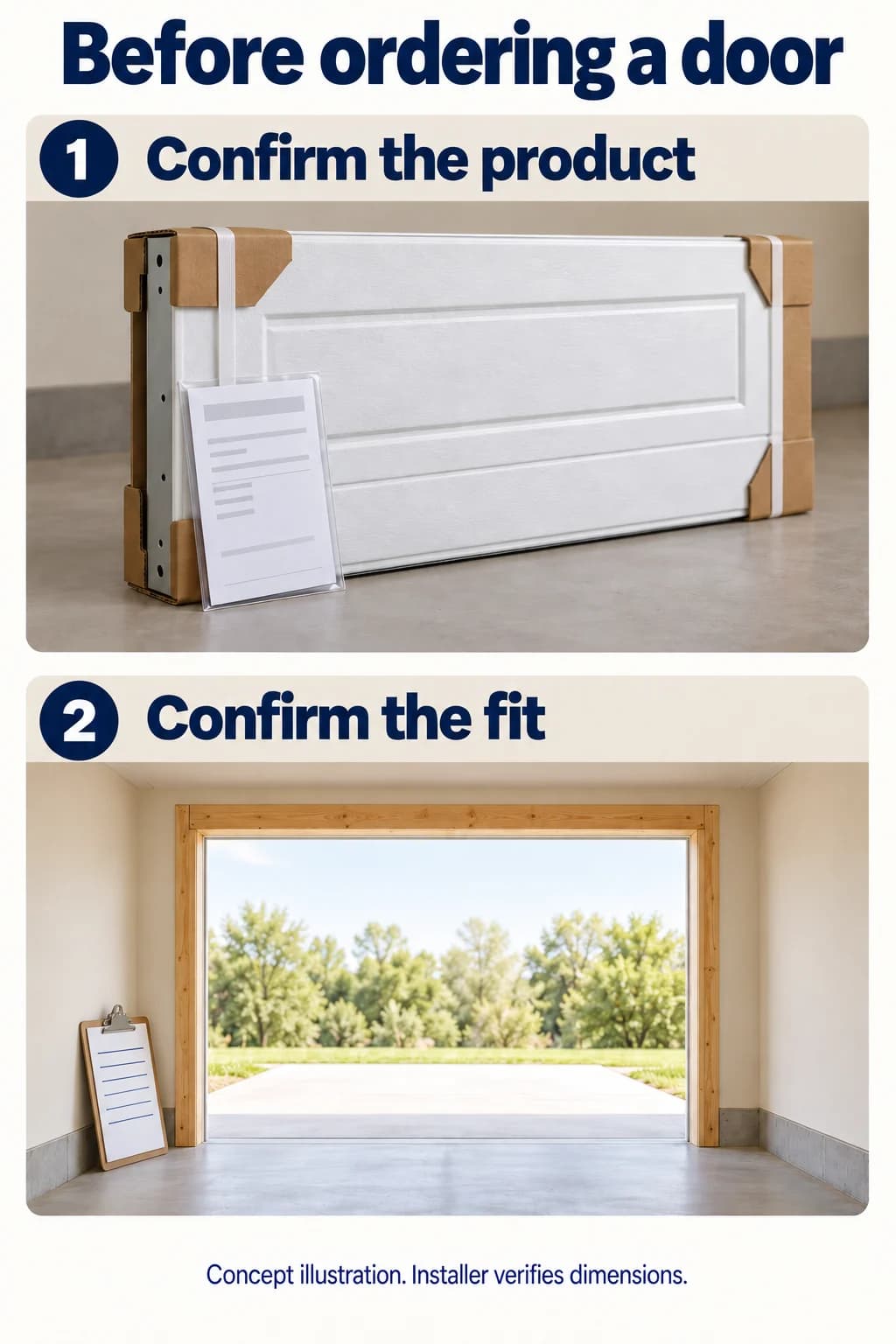 Concept illustration of a packaged door section and specification sheet, followed by an empty opening awaiting a site survey.