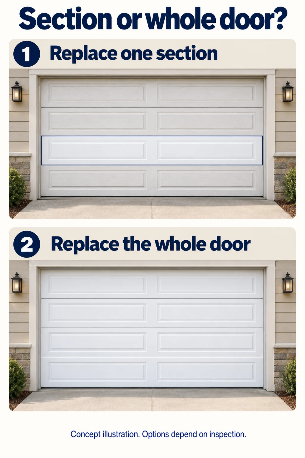 Same garage opening shown with one outlined replacement section and then a complete matching white sectional door.