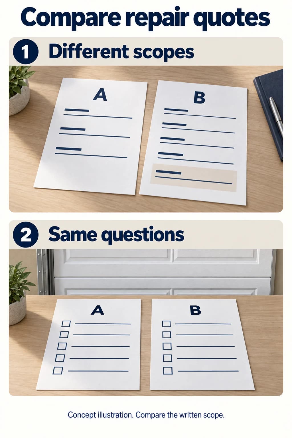 Illustrated documents comparing garage door repair scope and line items.