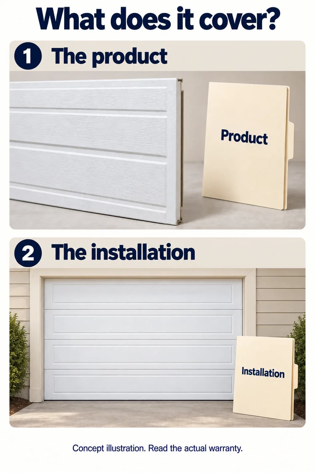 Concept illustration of a garage door product beside a Product folder and an installed door beside an Installation folder.