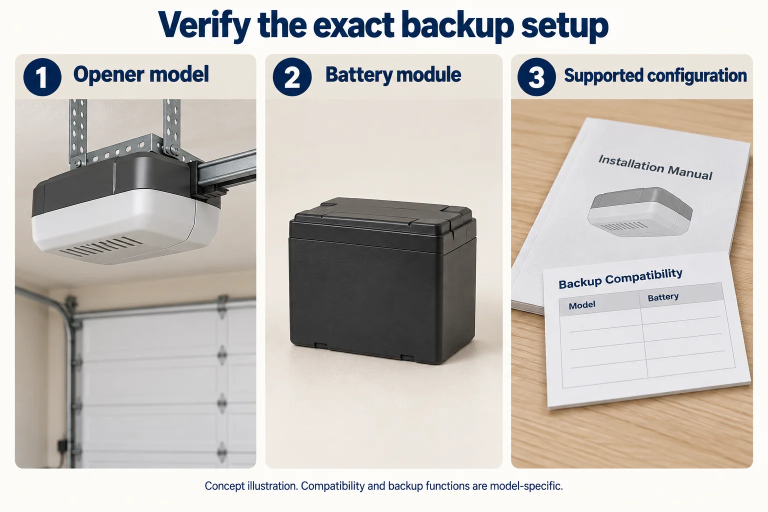 Three numbered realistic scene cards showing a generic opener, separate battery module and blank configuration record.
