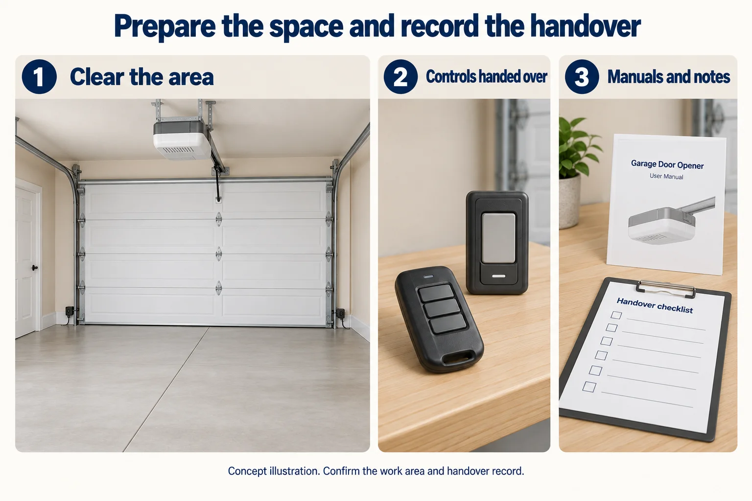 Three numbered realistic scenes showing a clear garage work area, controls and a manual with blank handover checklist.