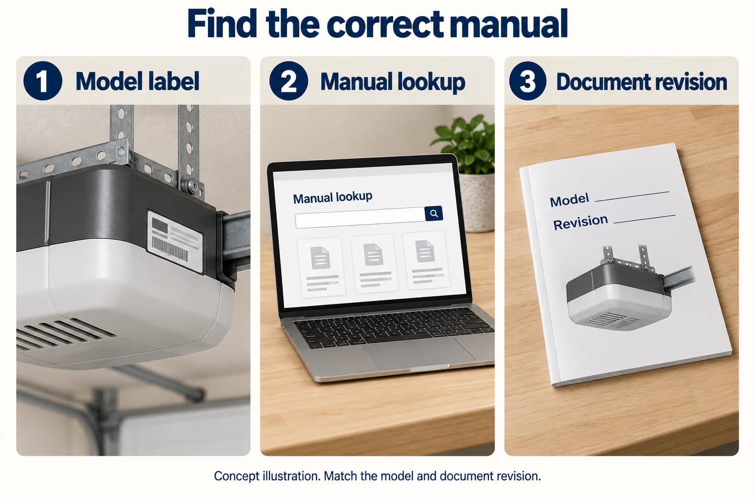 Three numbered realistic scene cards showing an opener model label, generic manual lookup and document revision.