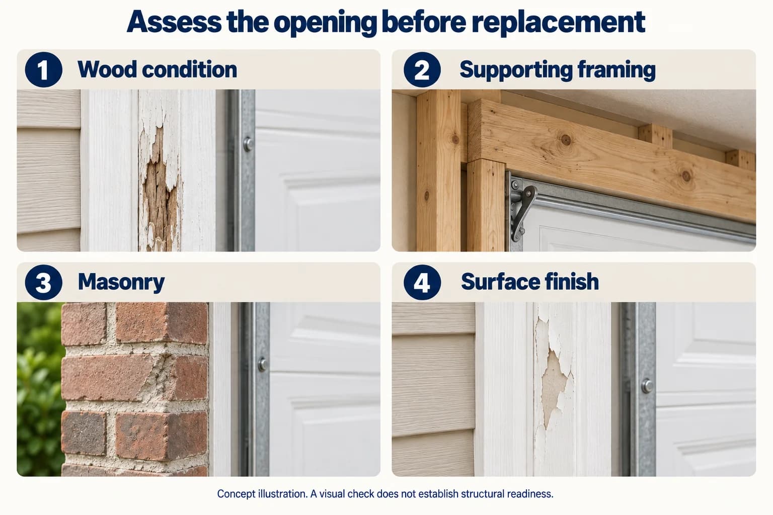Four numbered realistic detail cards showing wood condition, supporting framing, masonry and surface finish.