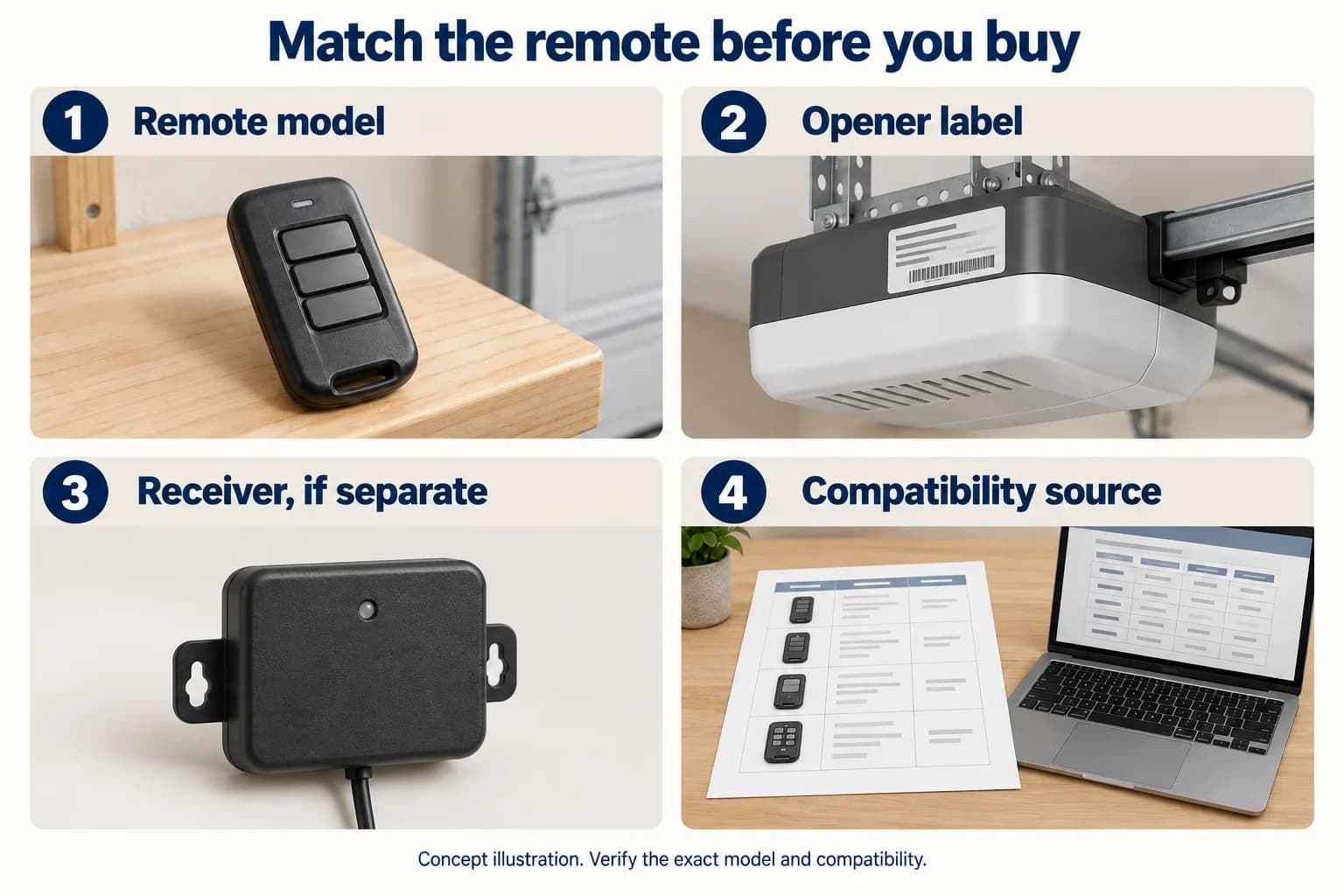 Four numbered realistic scene cards showing a remote, opener label, separate receiver and compatibility reference.