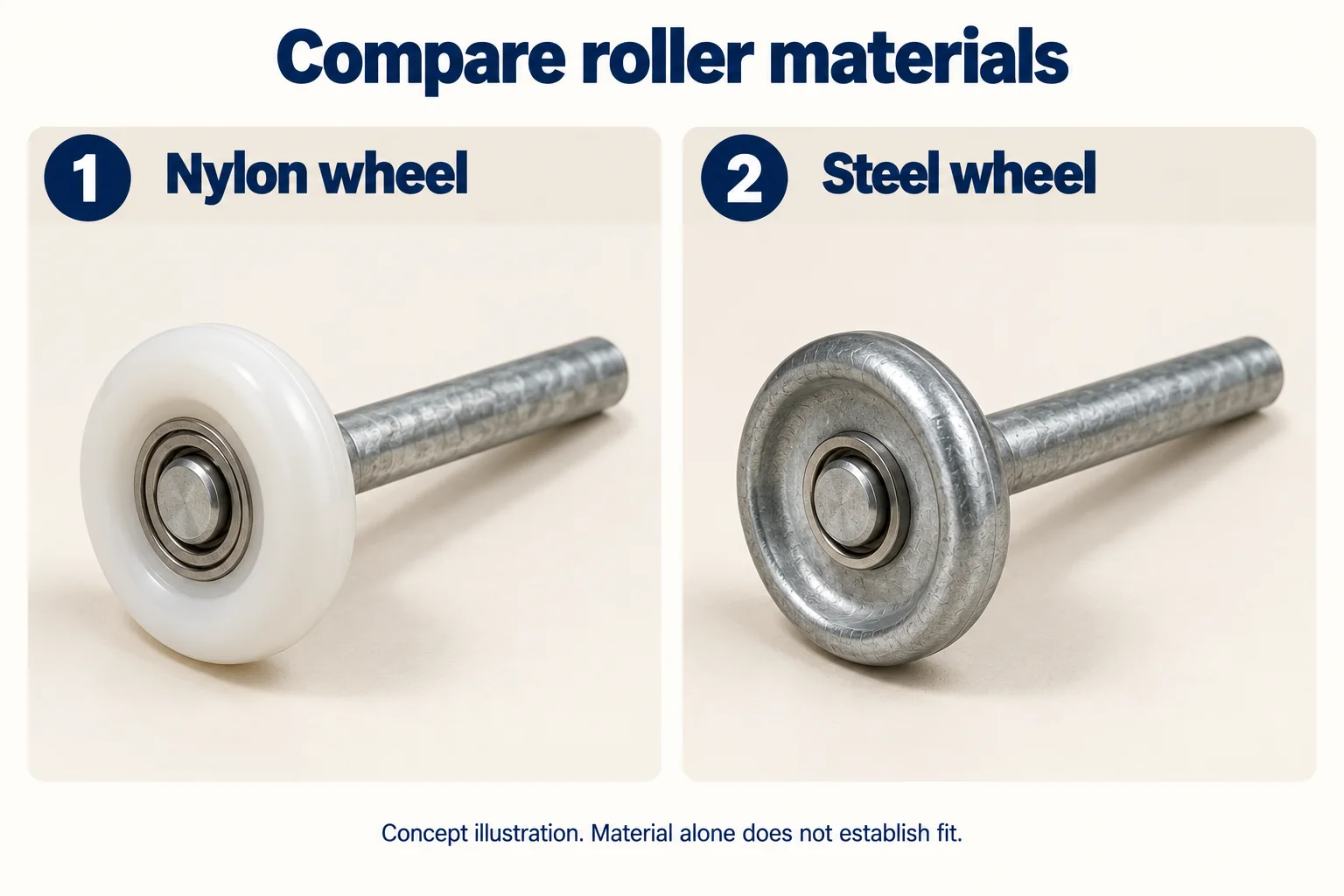 Two numbered realistic product cards comparing a generic nylon wheel and steel wheel, each with a steel stem.