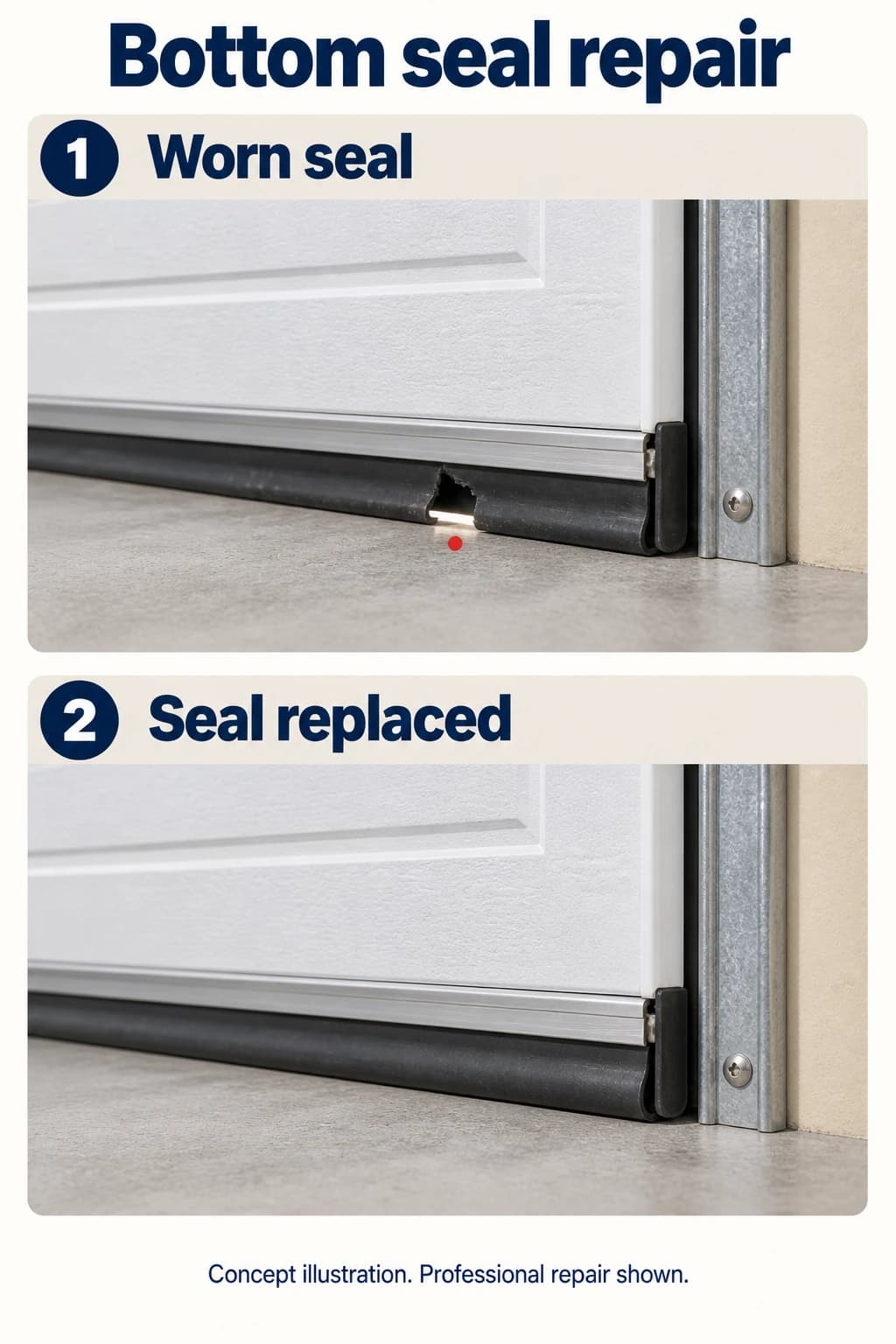 Before-and-after concept illustration of the same closed garage door: a torn black bottom seal leaves a small gap above the concrete floor, then a continuous replacement seal closes that gap.