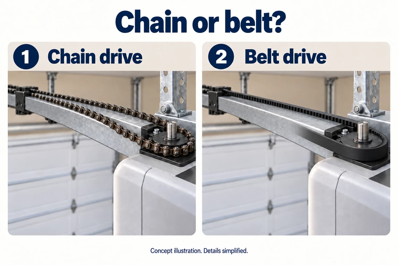 Matched concept close-ups of two ceiling-mounted opener drives: a metal roller chain on the left and a reinforced rubber belt on the right, each following its rail and drive wheel.