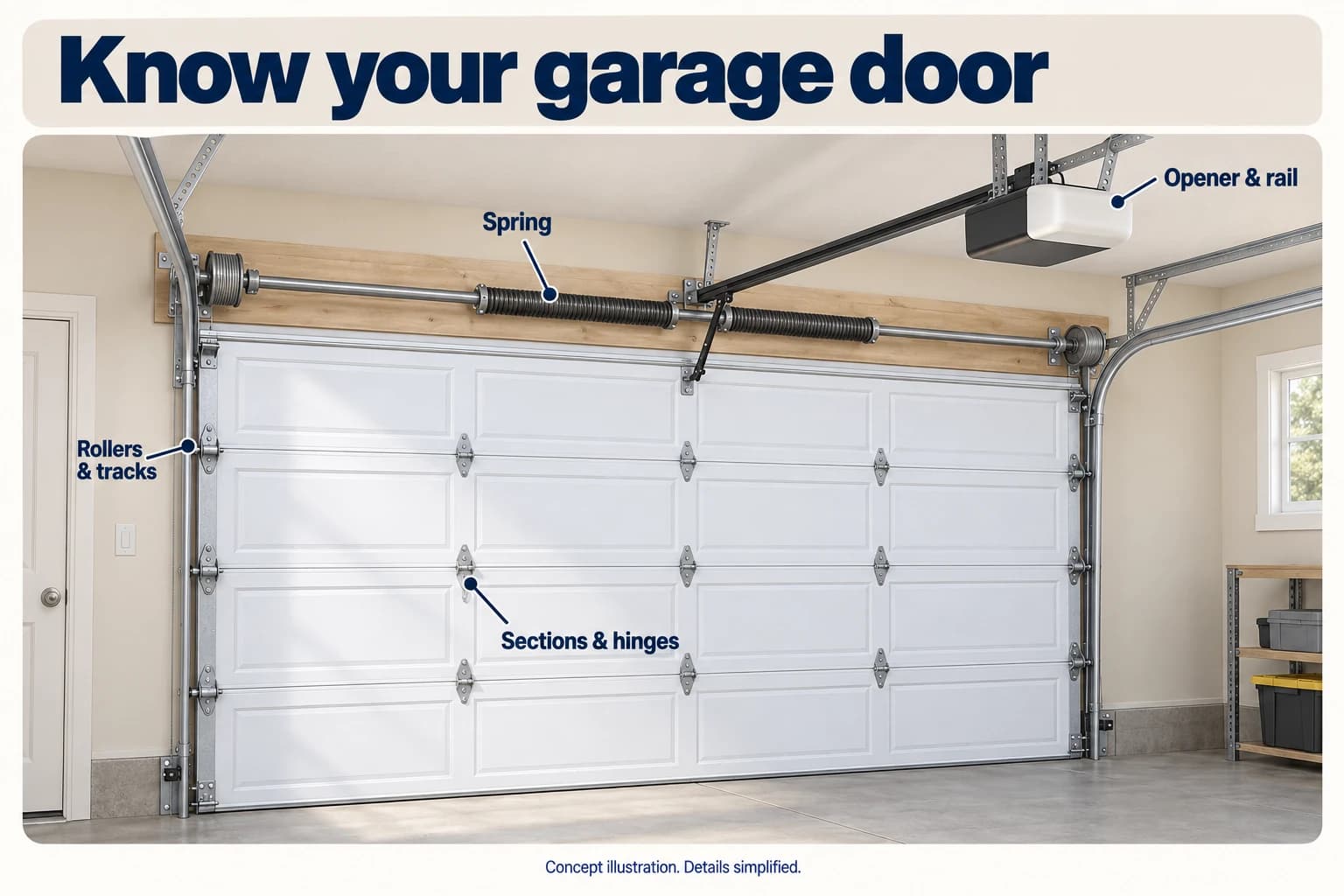 Realistic concept illustration of a closed white sectional garage door, with labeled springs, side rollers and tracks, section hinges, and a separate ceiling opener and center rail.