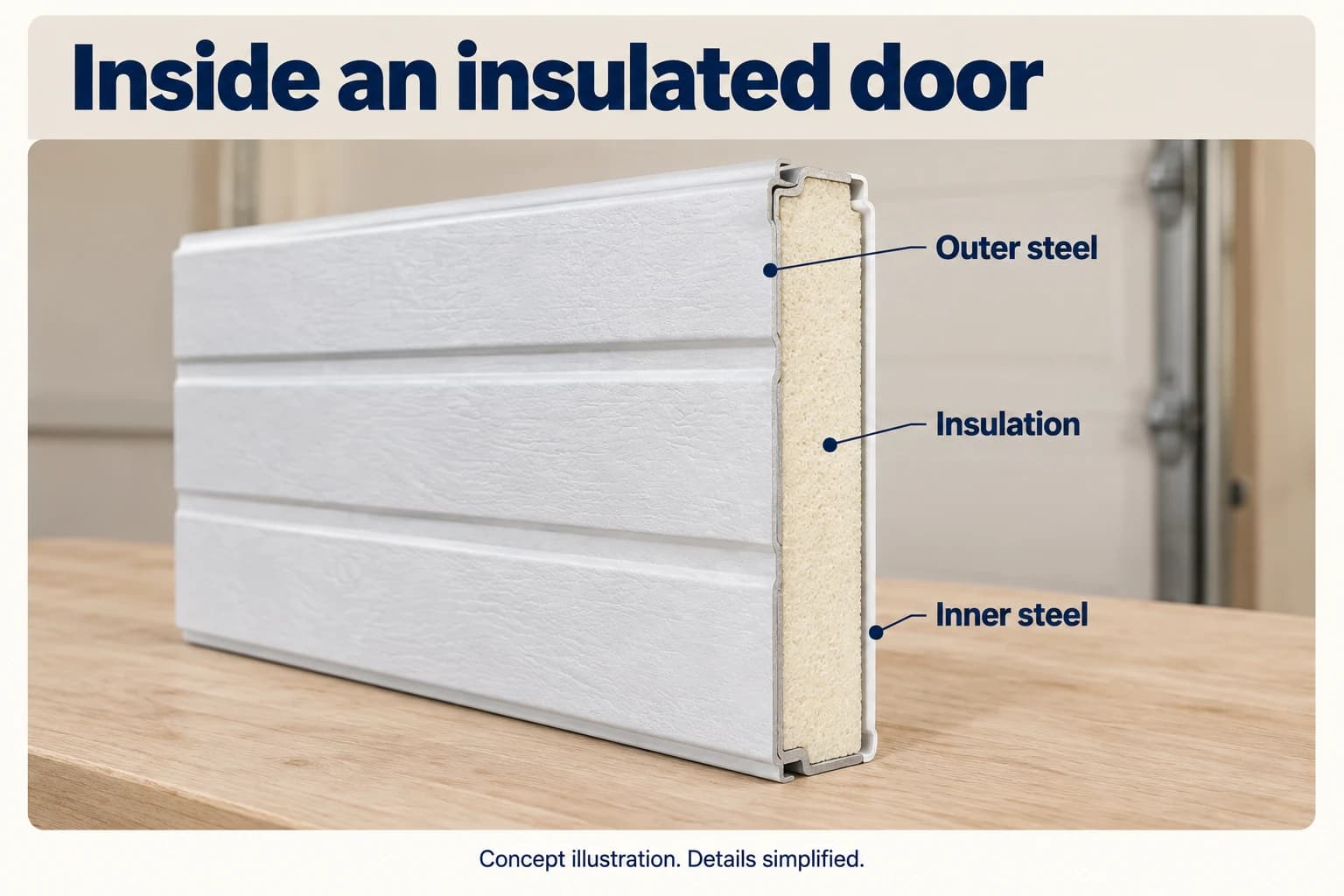 Realistic cutaway illustration of a white garage door section, with labeled thin outer and inner steel skins surrounding a thicker pale foam insulation core.