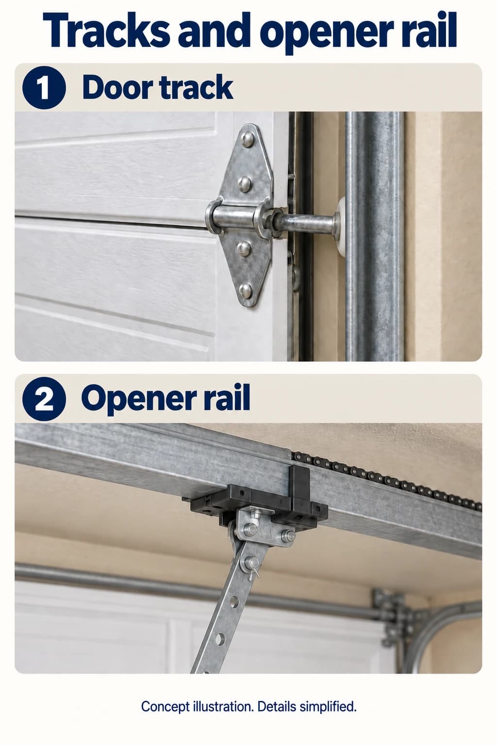 Two concept close-ups: a nylon door roller retained inside a steel side track, and the separate overhead opener rail with its trolley and attached door arm.