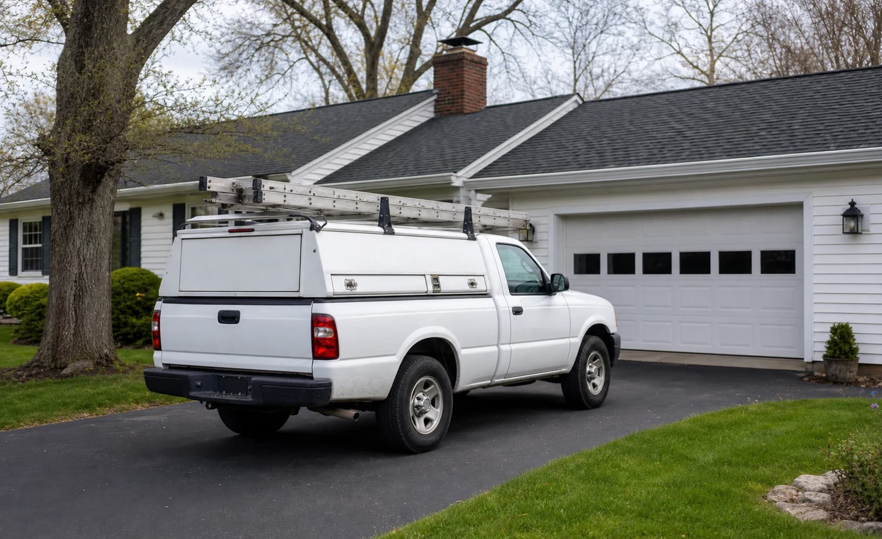 Plain white service truck in driveway near garage door